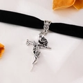 Close-up of black velvet choker with vintage silver gothic rose and sword cross pendant - Black Rose Cross Sword (03 Antique Silver Rose Sword 6980)