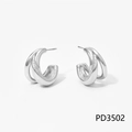 Polished silver stainless steel double C-shaped earrings with micro-inlaid cubic zirconia - Silver (PD3502)
