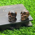 Carved 2.8cm natural brown and black crystal skulls on wooden base with grass background - Mahogany Obsidian