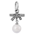 Silver bow charm with sparkling zircons and a white pearl pendant for DIY jewelry - Bowknot Pearl Dangle (#16)