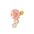 Pink zircon flower stud earring with cascading white crystals and a gold screw back - Flower (K-364)