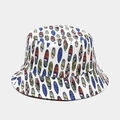 Detailed close-up of white canvas bucket hat featuring colorful surfboard prints and ocean text - M (56-58cm) / White