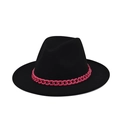 Detail of a black wide brim felt fedora hat featuring a chunky vibrant pink chain band - Adult 57-60cm / Color 01