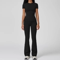 Women's black short sleeve slim fit yoga set with high waist flared leggings - S / Short Sleeve + Flare Pants / Premium Black
