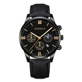 Macro shot of Geneva men's watch featuring roman numerals and a triple dial detail - Black Strap Black Case Black Dial Gold Hands
