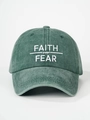 Detail of FAITH over FEAR white embroidery on vintage washed green cotton baseball cap - Adjustable / Dark Green