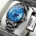 Men's luxury business watch with black steel strap and gradient blue sunray dial - Dark Black Band Blue Dial