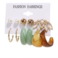 6-pair set of gold finish earrings featuring pearls, resin hoops, and leopard textures - Thin Green Amber Pearl Woven (36)