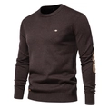 Detail of dark brown crewneck sweater with patch design on sleeve and brand logo badge - S / Dark Brown