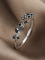 Silver leaf ring with black zircon stones in adjustable open design on satin fabric - Silver Base Black