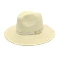 Detail of summer straw fedora hat featuring a white leather band and fringed brim edge - M (56-58cm) / Cream