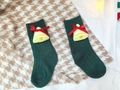 Thick knit Christmas stockings in dark green with a yellow bell and red ribbon bow - S(1-3 Years) / Green Christmas Gift
