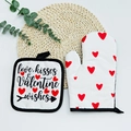 Valentine's kitchen set with red heart print oven mitt and pot holder on white base - Christmas Owl