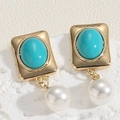 Vintage gold earrings with oval emerald-green stones and round pearl pendants - Blue Turquoise Stud Style (ES2330-2)