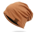 Knitted slouchy beanie in orange and beige checkers with premium leather patch - One Size / Chocolate
