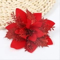 Red velvet artificial Christmas flower with sparkling glitter petals and green leaf accents - A-Style Red