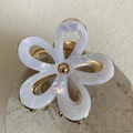 Macro shot of acetic acid flower hair claw with iridescent petals and gold metal frame - 6.7cm / Pearl White