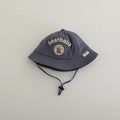 Detail of blue cotton baby bucket hat featuring bearbaby embroidery and bear patch - 48-50cm / Gray