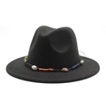 Detail of black wool fedora featuring ethnic style stone ornaments and colorful thread - M (56-58cm) / Black
