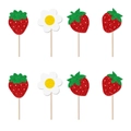 Sparkly strawberry and daisy cupcake toppers with gold glitter finish on wooden sticks - 8-Piece Small Toppers