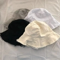 Neutral style frayed edge bucket hats in black, beige, grey, and white flat lay - M (56-58cm) / White