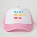 Pink and white mesh trucker hat for moms with MAMA MOMMY MOM BRUH text design - One Size / Pink