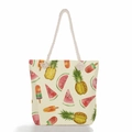 Detail of canvas beach tote featuring colorful fruit prints and soft cotton rope handles - Summer Mixed Fruit Print (ms2018f)