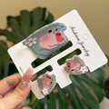 Detailed view of 3-piece cartoon hippo acrylic hair clip and earring set on white card - Pink Flower Open Mouth Hippo Clip 3PCS Set