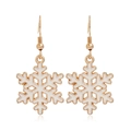 Detail of elegant gold-toned earrings with white snowflake pendants and glitter finish - Snowflake #16