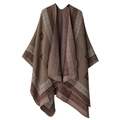 Brown and beige reversible check cashmere-feel poncho shawl with geometric patterns - Meander Pattern Khaki