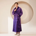 Men's purple thick flannel bathrobe with textured trim and waist tie detail - Purple Men