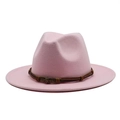 Pink wool fedora hat with dark brown braided band and bronze skull metal buckle accent - One Size 58cm / Pink