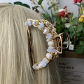 Golden hair claw clip with natural purple crystals and white pearls on blonde hair - Blue Lace Agate Gold Hair Claw