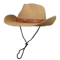Klassischer Stroh-Westernhut mit braunem Lederband mit Nieten und Kinnriemen - M(56-58cm) / Khaki