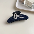 Denim blue hair claw clip with large white crystal bow and acetate finish for women - Navy Blue Bow