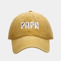 Close-up of PAPA fishing themed embroidery on vintage washed cotton baseball cap - Yellow
