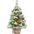Mini artificial Christmas tree with snow flocking, berries, cones, and warm LED lights - SYS121