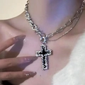Gothic punk black cross pendant necklace with white crystals on a silver alloy chain - Gothic Punk Black Cross Necklace (5793101)