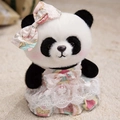 Panda plush toy wearing pink cupcake print dress and matching bow tie in standing pose - Cupcake Pattern Dress Style / 23CM