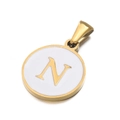 Golden stainless steel round pendant featuring a white center with the letter N - Letter N