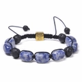Detail of blue natural stones and black lava beads with golden tree of life charm - Lapis Lazuli Bracelet