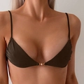 Minimalist deep brown bikini top with slim straps and elegant pearl metal hardware - Black