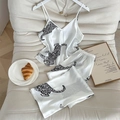 White leopard print satin pajama set with camisole and long pants for home lounging - S / White