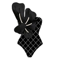 Black one-shoulder swimsuit with 3D bow, pearl accents, and white grid pattern detail - S / Black Grid Pearl Flower Swimsuit