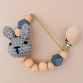 Handmade crochet grey bunny pacifier clip with natural beech wood and blue beads - Gray