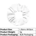 Detailed size chart for white velvet scrunchie showing 8cm diameter and 5g weight - 8cm Metallic / White