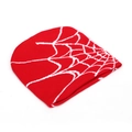Detail of red knitted beanie featuring a white spider web jacquard pattern on soft fabric - Red and White (D)
