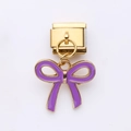 Charm italiano dorato con fiocco in smalto viola per bracciale fai da te in acciaio - Fiocco
