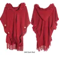 Bohemian wine red hooded poncho sweater with fringe tassels and wood button detail - Burgundy / 85*190cm
