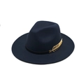 Close-up of navy wool fedora hat featuring a black ribbon and golden leaf metal detail - M (56-58cm) / Navy Blue